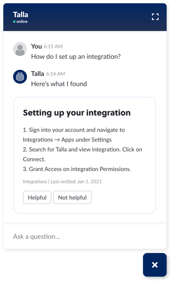Talla chatbot interface example